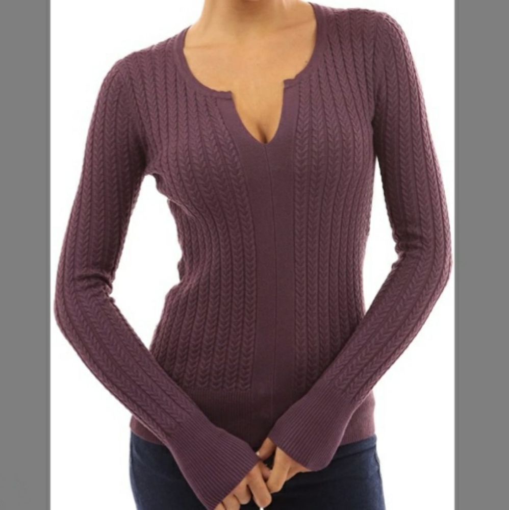 Pattyboutik Notch Neck Cable Sweater - Plum